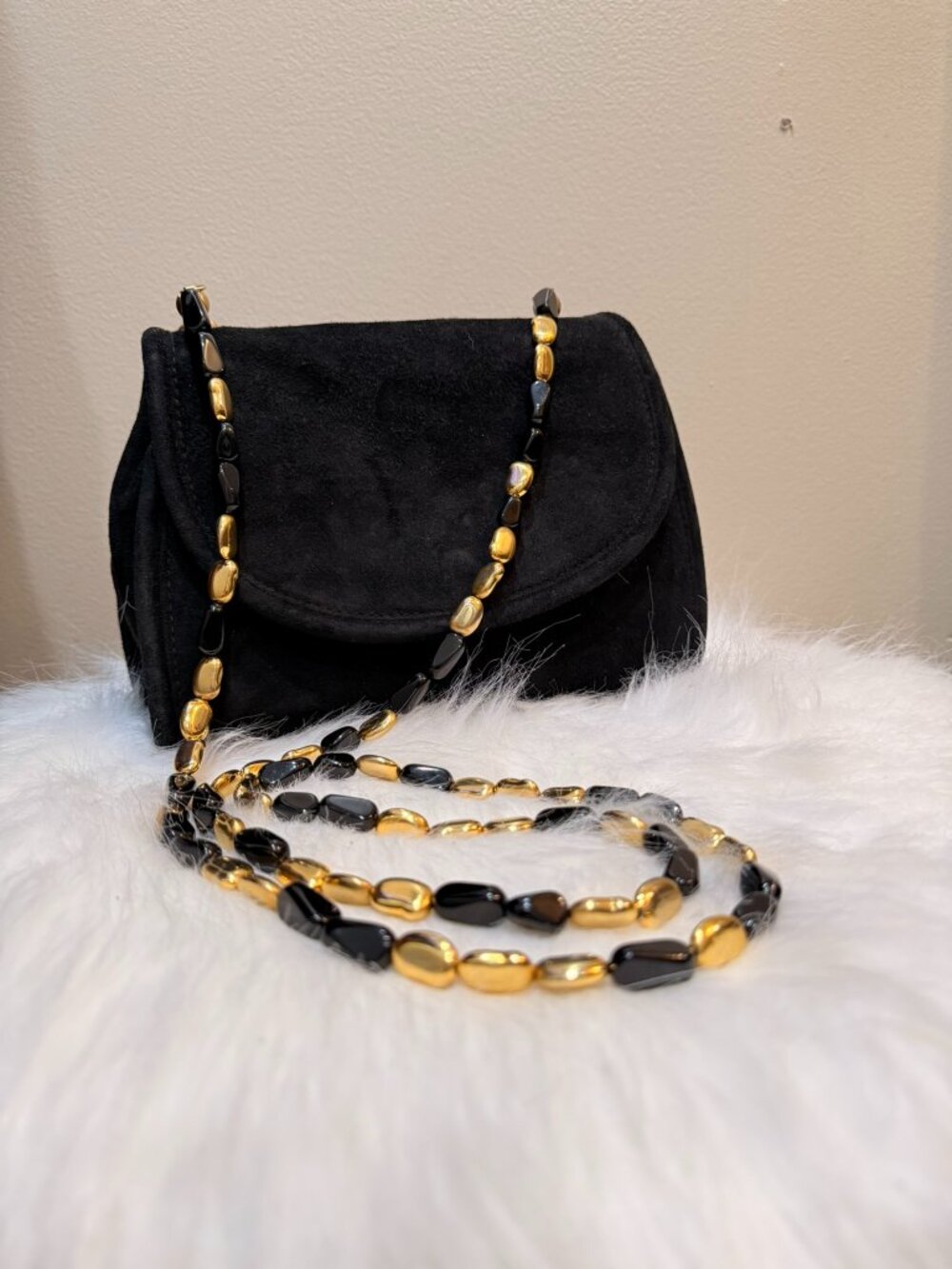 Donna Karan Black Flap Bag with Two Straps Mirror and Dust Bag